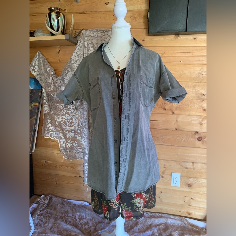 Grey French Chore Coat Button-Up Shirt Work Fashion Short Sleeve 1950’s European